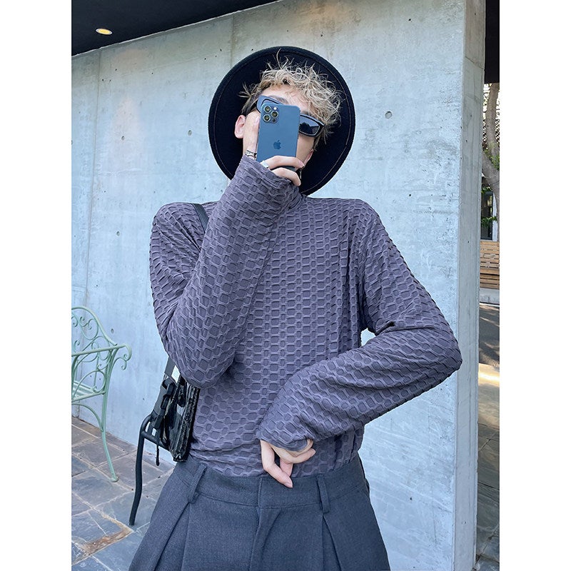 Plaid texture solid color rascal turtleneck t-shirt men's long-sleeved ins autumn trendy Korean version versatile inner layer top - Image 2