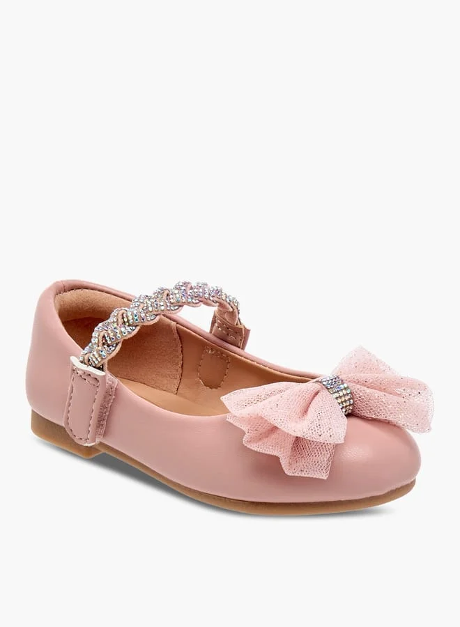 JUNIORS Girls Embellished Bow Detail Ballerina Shoes with Hook and Loop Closure
