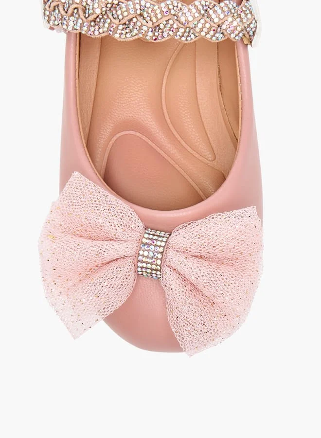 JUNIORS Girls Embellished Bow Detail Ballerina Shoes with Hook and Loop Closure