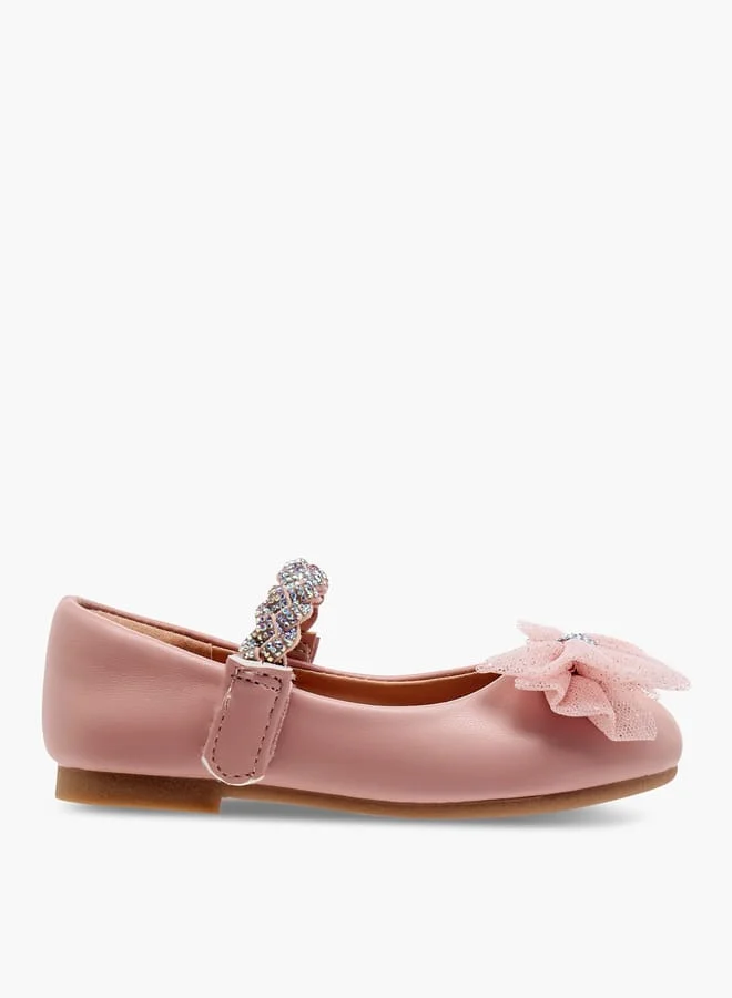 JUNIORS Girls Embellished Bow Detail Ballerina Shoes with Hook and Loop Closure
