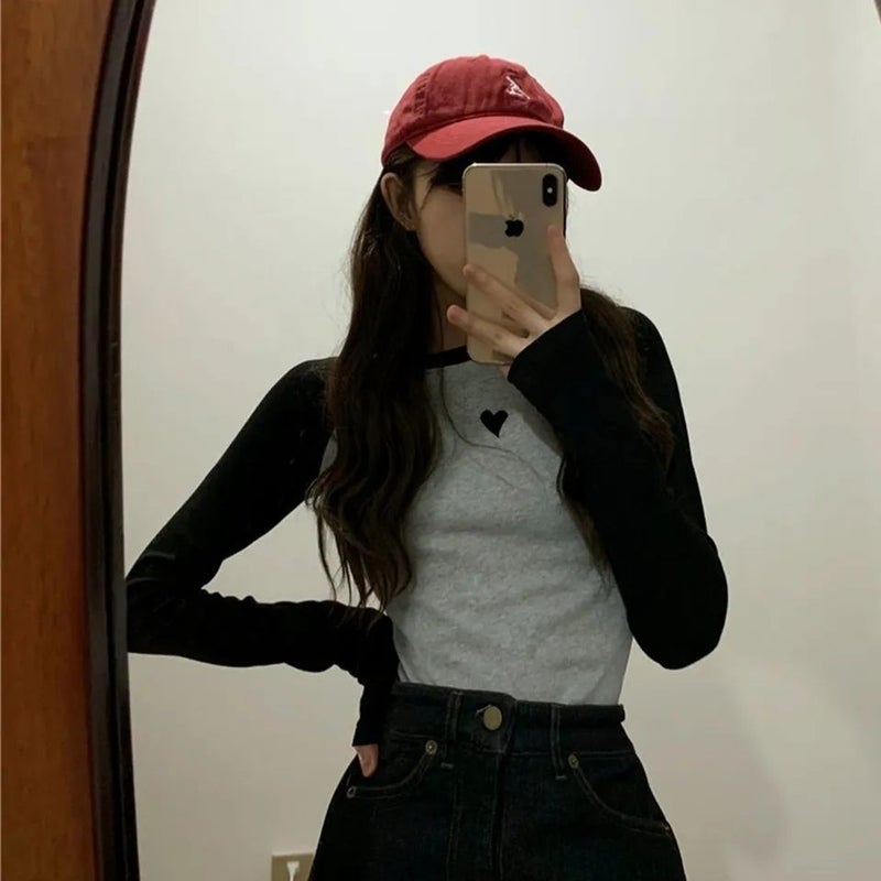 Autumn Korean College Girl'S Vit-Reducing Age Small Love Contrast Color Raglan Sleeve Long-Sleeved T-Shirt Women'S Stitching Base Shirt - Image 2