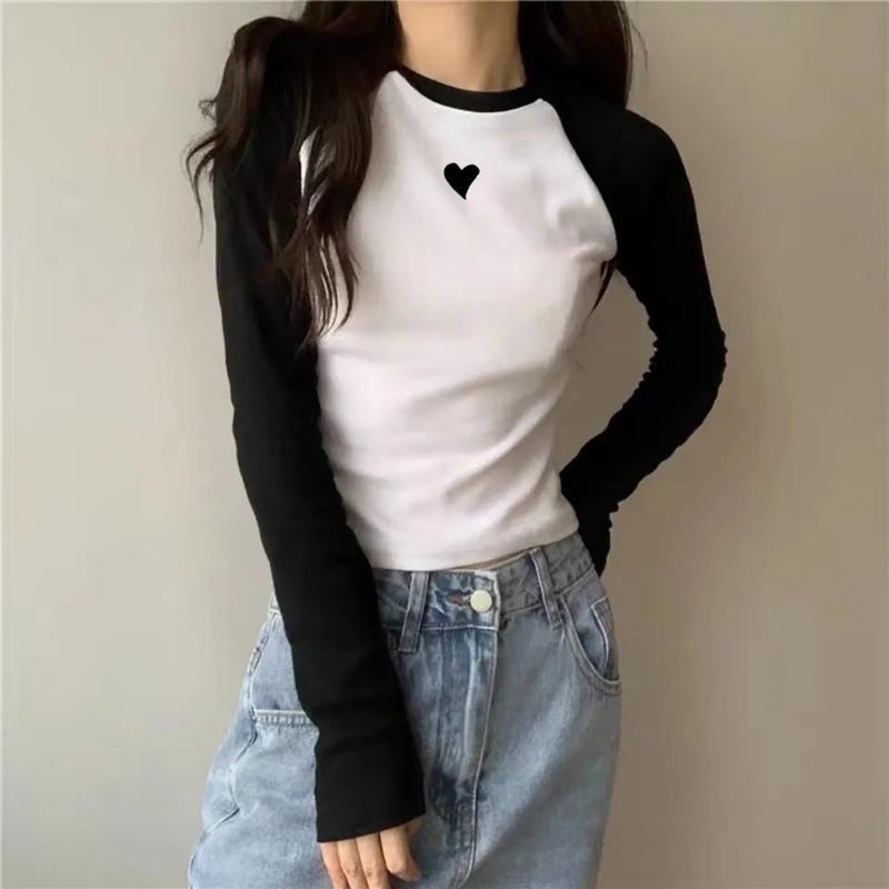 Autumn Korean College Girl'S Vit-Reducing Age Small Love Contrast Color Raglan Sleeve Long-Sleeved T-Shirt Women'S Stitching Base Shirt - Image 4