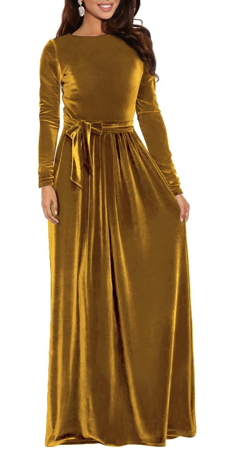 BestGirl Women's Velvet Maxi Dress Crew Neck Long Sleeve High Waist with Belt Cocktail Party Bridesmaid Dresses - Image 1