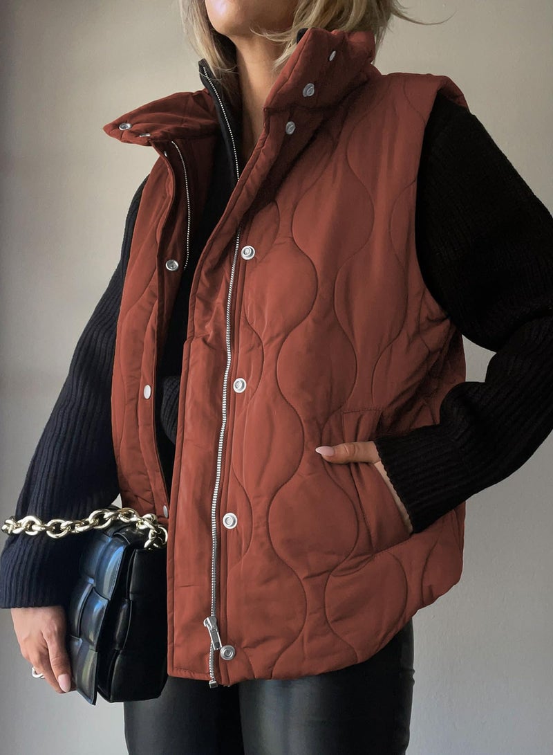 EVALESS Cropped Puffer Vest Women Lightweight Quilted Stand Collar Sleeveless Jackets Fall Winter 2025 Button Zip Up Coat Cinnamon Large - Image 3