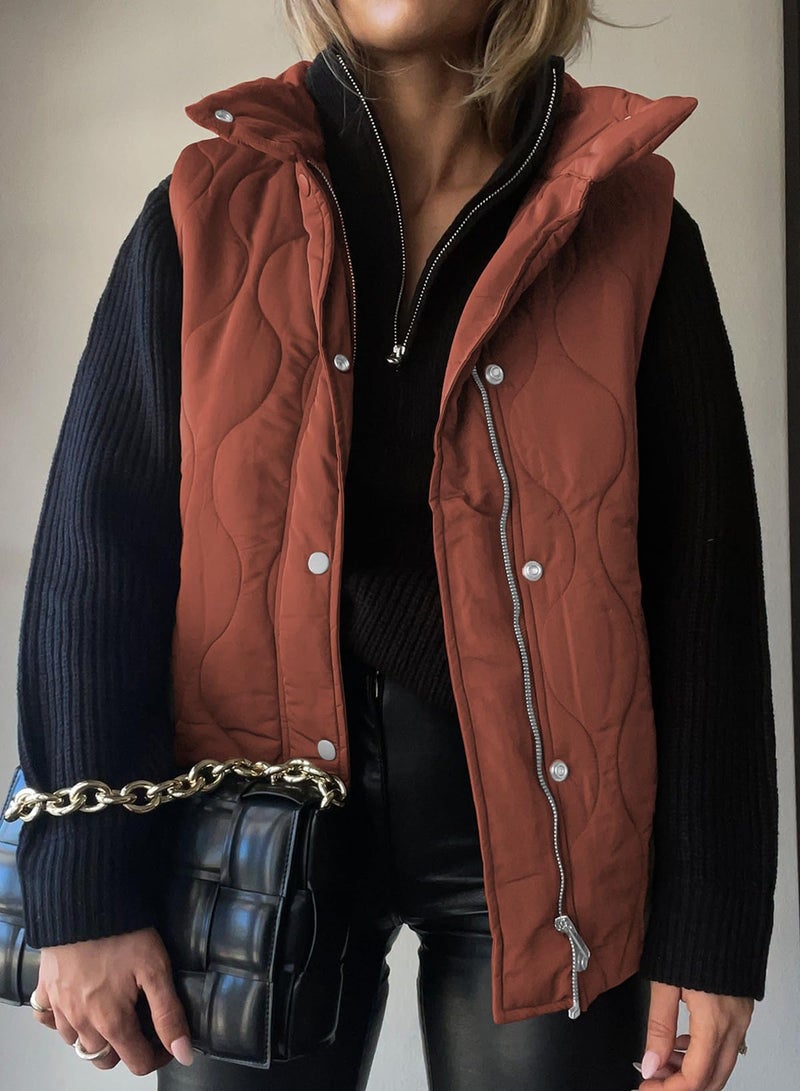 EVALESS Cropped Puffer Vest Women Lightweight Quilted Stand Collar Sleeveless Jackets Fall Winter 2025 Button Zip Up Coat Cinnamon Large - Image 2