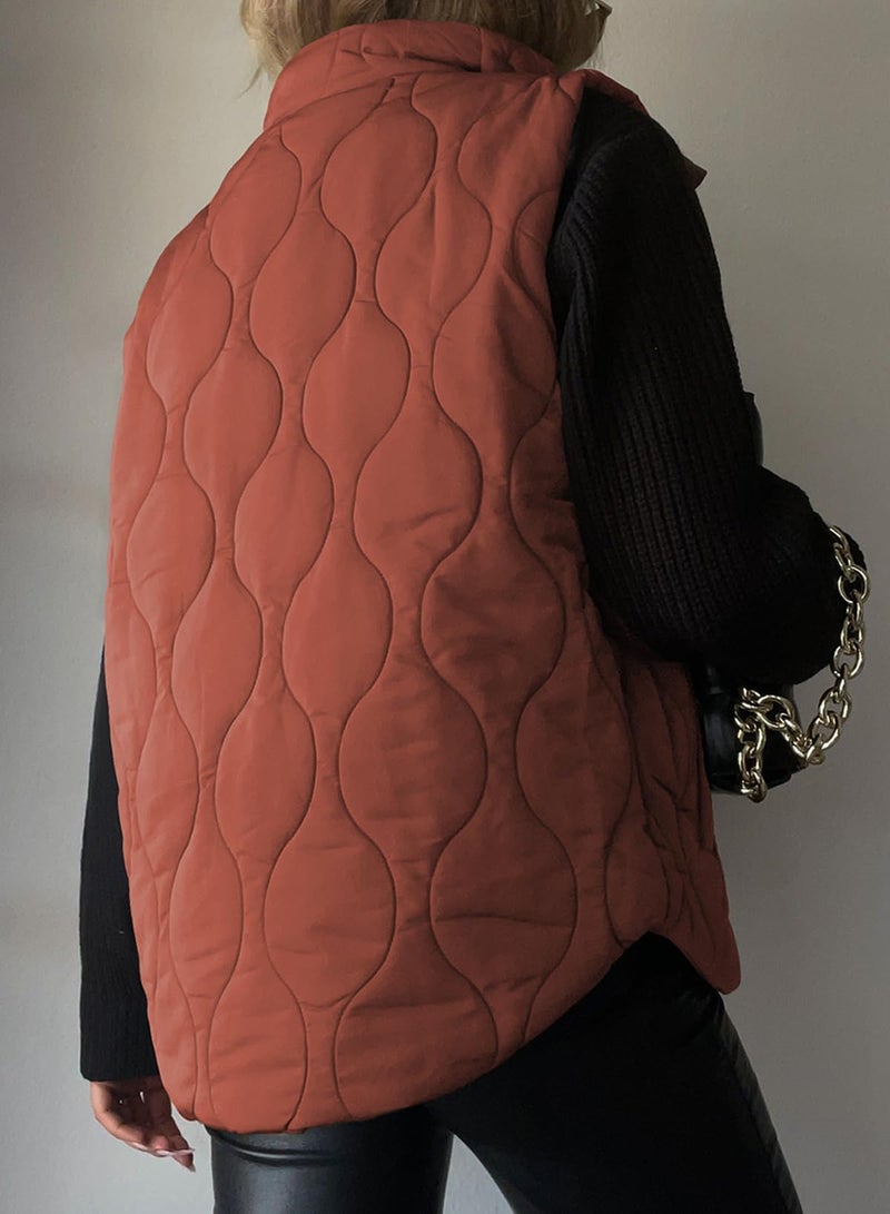 EVALESS Cropped Puffer Vest Women Lightweight Quilted Stand Collar Sleeveless Jackets Fall Winter 2025 Button Zip Up Coat Cinnamon Large - Image 4