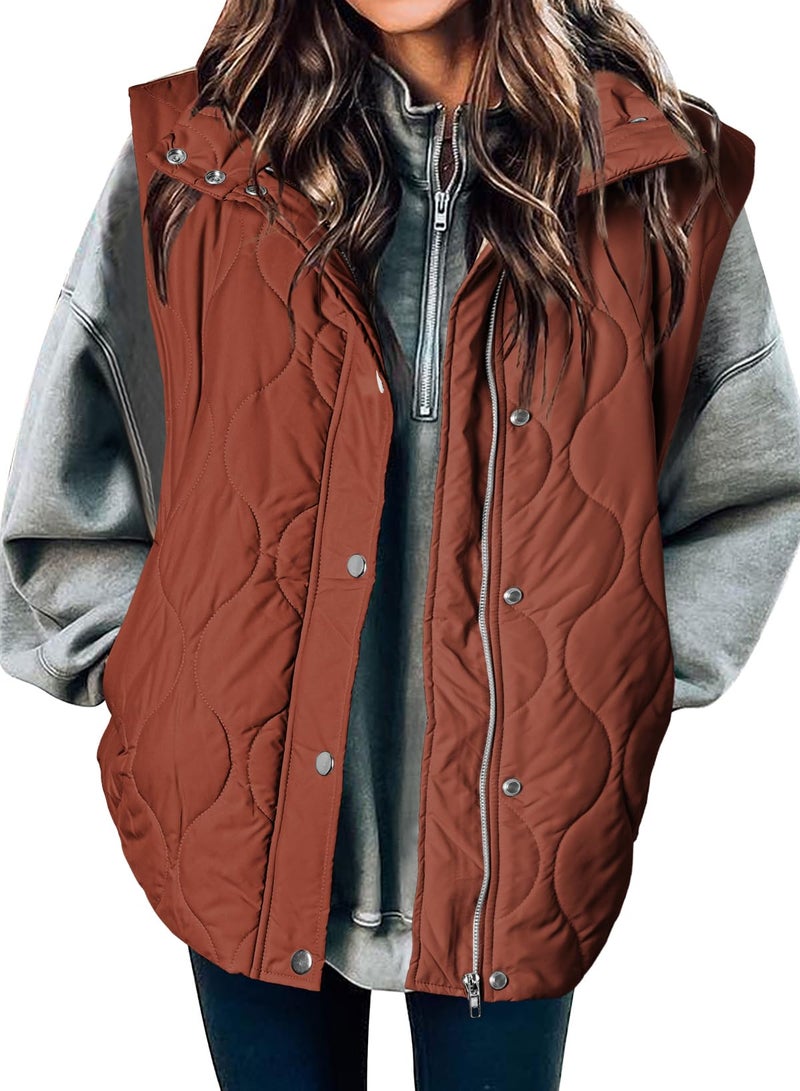 EVALESS Cropped Puffer Vest Women Lightweight Quilted Stand Collar Sleeveless Jackets Fall Winter 2025 Button Zip Up Coat Cinnamon Large - Image 1