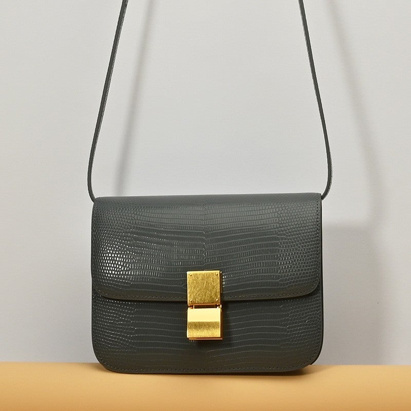 Genuine Leather Women'S Bag Lizard Pattern Tofu Bag Casual And Fashionable Crossbody Bag Solid Color Textured Shoulder Underarm Bag - Image 1