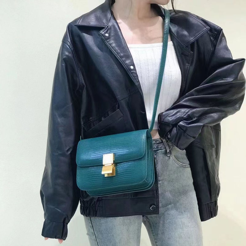 Genuine Leather Women'S Bag Lizard Pattern Tofu Bag Casual And Fashionable Crossbody Bag Solid Color Textured Shoulder Underarm Bag - Image 3
