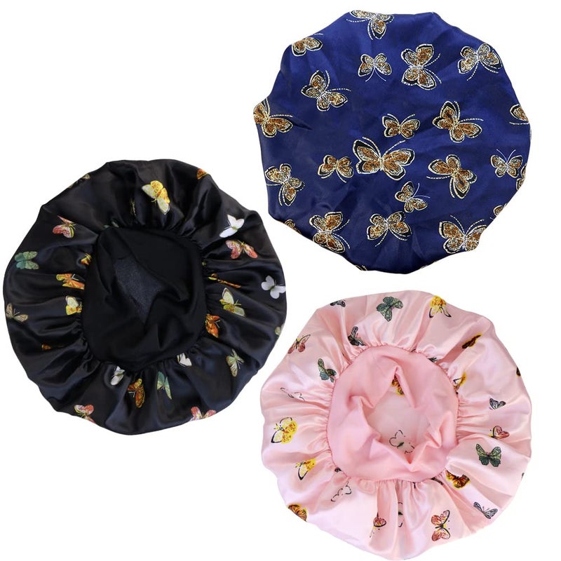 TCOTBE 3 Pcs Soft Satin Bonnet Silk Hair Wrap for Sleeping Silk Sleeping Cap with Wide Elastic Band Night Sleep Cap Single Layer Night Sleeping Head Cover for Women Black