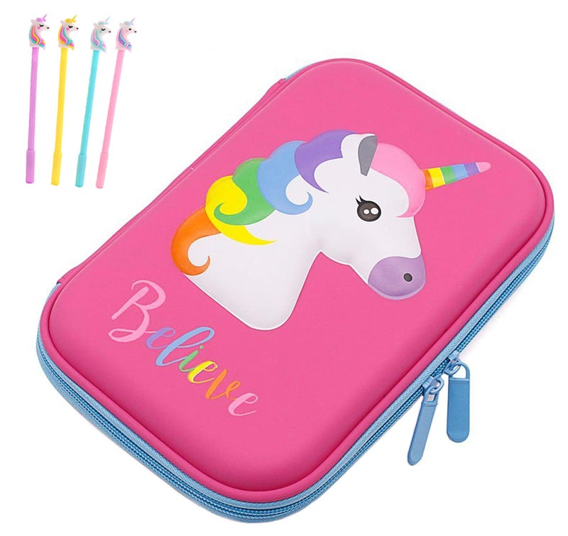 Pencil Case for Girls 3D Cute EVA Unicorn Pen Pouch Stationery Box AntiShock Large Capacity MultiCompartment for School with 4 unicorn pens