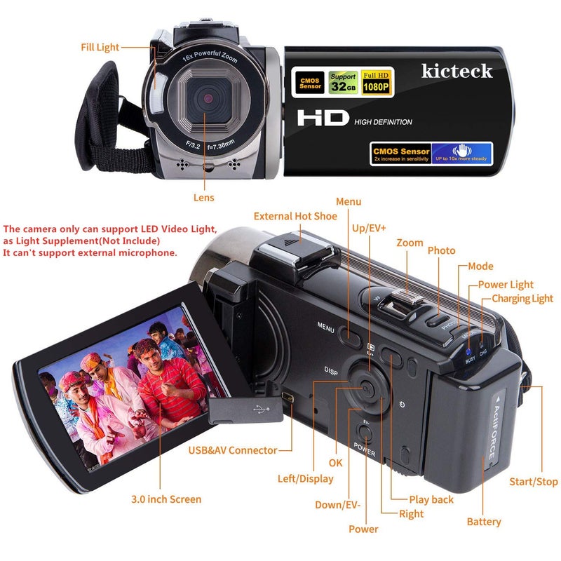 kicteck Video Camera Camcorder Digital Camera Recorder Full HD 1080P 15FPS 24MP 3.0 Inch 270 Degree Rotation LCD 16X Zoom Camcorder with 2 Batteries(604s) - Image 2