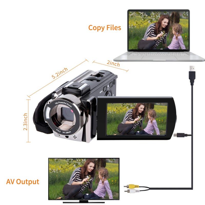 kicteck Video Camera Camcorder Digital Camera Recorder Full HD 1080P 15FPS 24MP 3.0 Inch 270 Degree Rotation LCD 16X Zoom Camcorder with 2 Batteries(604s) - Image 4
