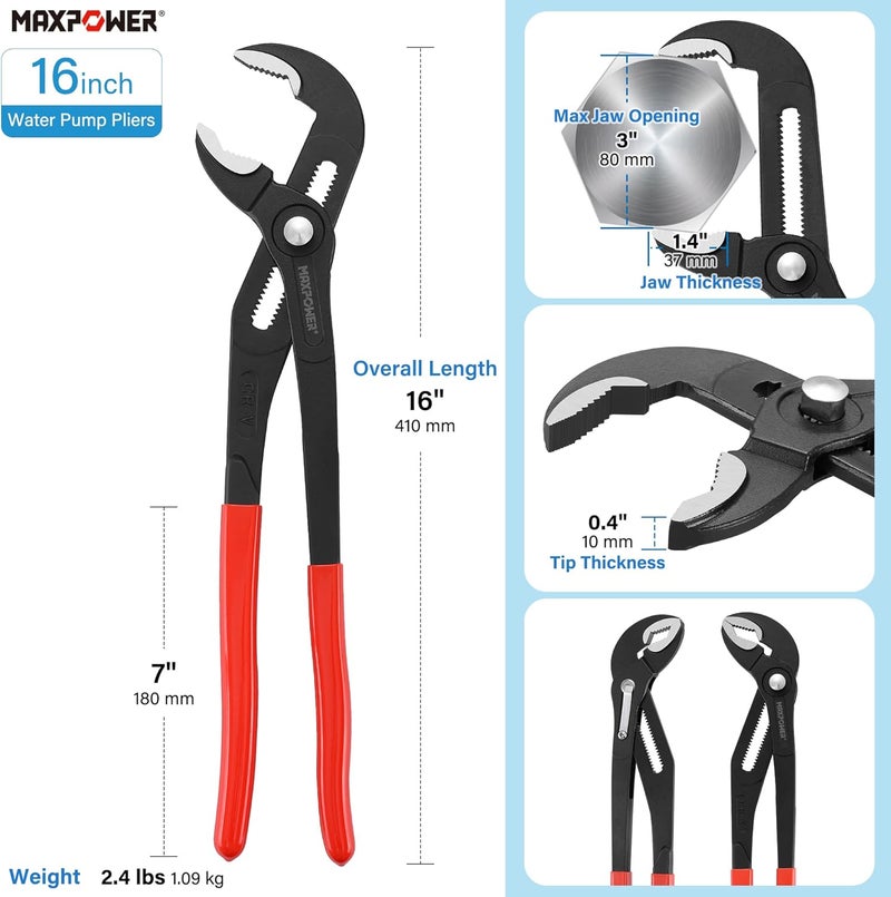 Max Power 16 inch Water Pump Pliers with 3 inch Jaw Capacity Opening Push Button Lock Pliers - Image 1
