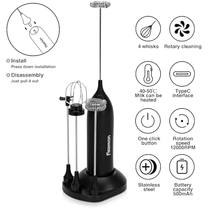 فيسمان 4 في 1 خلاط حليب مع حامل محمول قابل لإعادة الشحن كهربائي فائق السرعة 12000 دورة في الدقيقة خلاط حليب بأربعة أنواع مختلفة من خفاقات القهوة وصانع رغوة القهوة واللاتيه والكابتشينو والفرابيه والماتشا والشوكولاتة الساخنة - Image 5