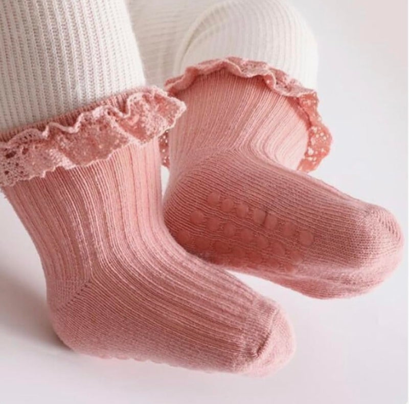 heartbury Cute and Colorful 100% Cotton Baby Girls Anti Slip Socks Frill &Ruffle Socks for Baby Girls, Grip socks for Baby (IN, Age, 6 Months, 12 Months, 5, white, pink, wine, green,peach) - Image 4