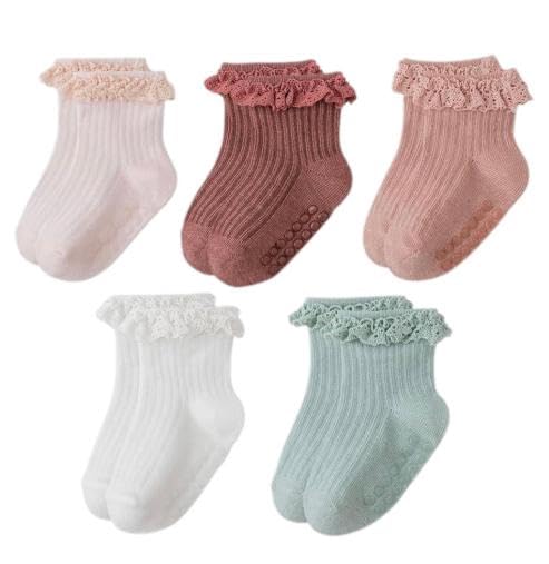 heartbury Cute and Colorful 100% Cotton Baby Girls Anti Slip Socks Frill &Ruffle Socks for Baby Girls, Grip socks for Baby (IN, Age, 6 Months, 12 Months, 5, white, pink, wine, green,peach) - Image 1