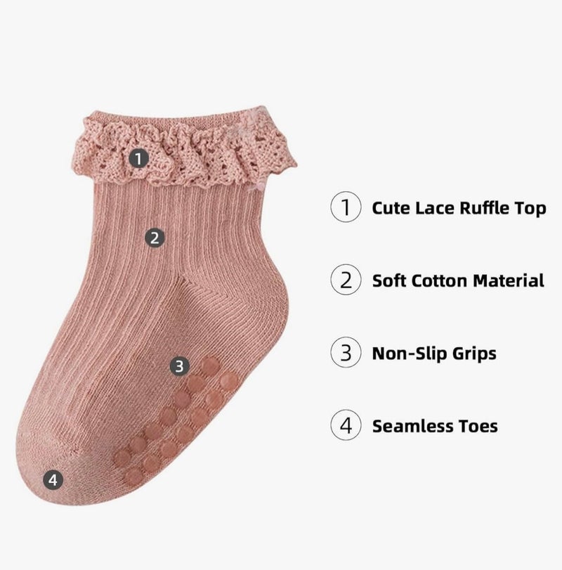 heartbury Cute and Colorful 100% Cotton Baby Girls Anti Slip Socks Frill &Ruffle Socks for Baby Girls, Grip socks for Baby (IN, Age, 6 Months, 12 Months, 5, white, pink, wine, green,peach) - Image 2