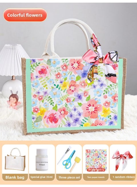 Butterfly Ancient Bart Material Bag Diy Mother's Day Canvas Bag Children's Handmade Creative Linen Bag Group Building Activity Gift-Color:Horizontal Style [colorful Flower Shadows] Comes With A Full Set Of Tools + Detailed Tutorials