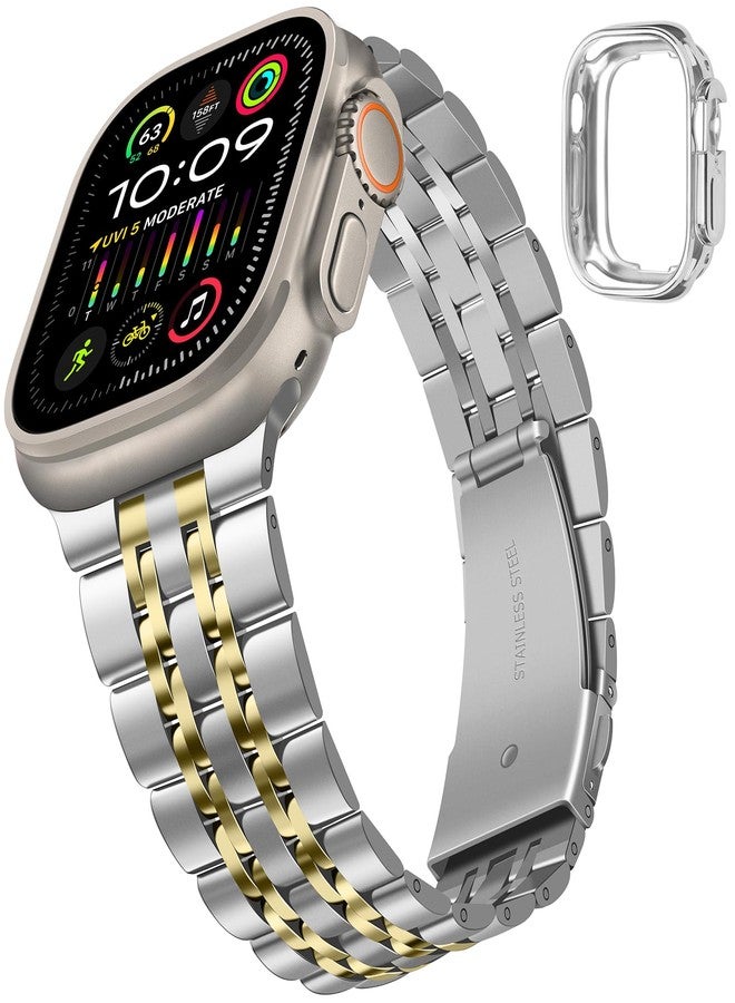 Tasikar Band Compatible with Apple Watch Ultra 3 Band 49mm, Men Women Strap Solid Stainless Steel Metal Bracelet Compatible with Apple Watch Ultra 2/1 49mm, Silver-Gold - Image 2