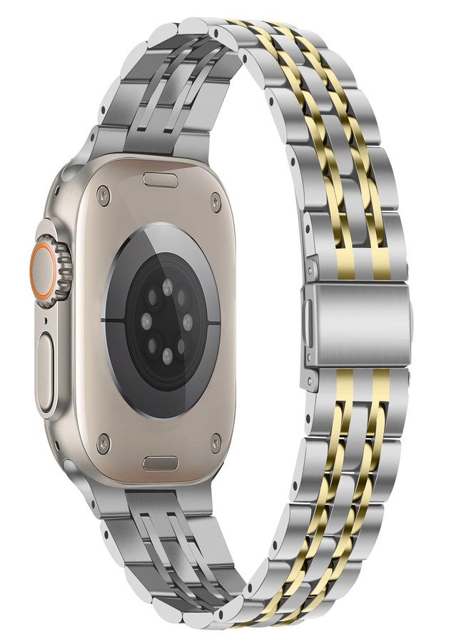 Tasikar Band Compatible with Apple Watch Ultra 3 Band 49mm, Men Women Strap Solid Stainless Steel Metal Bracelet Compatible with Apple Watch Ultra 2/1 49mm, Silver-Gold - Image 3