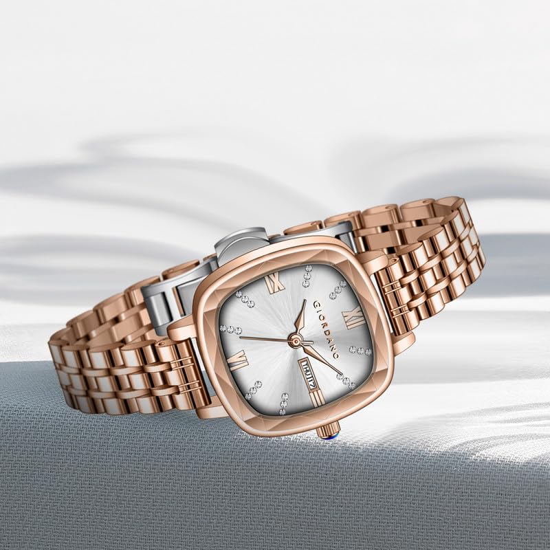 Giordano Elegant Square Watch for Women – Crystal & Roman Hour Markers, Day-Date Display, Stainless Steel Strap - Image 4