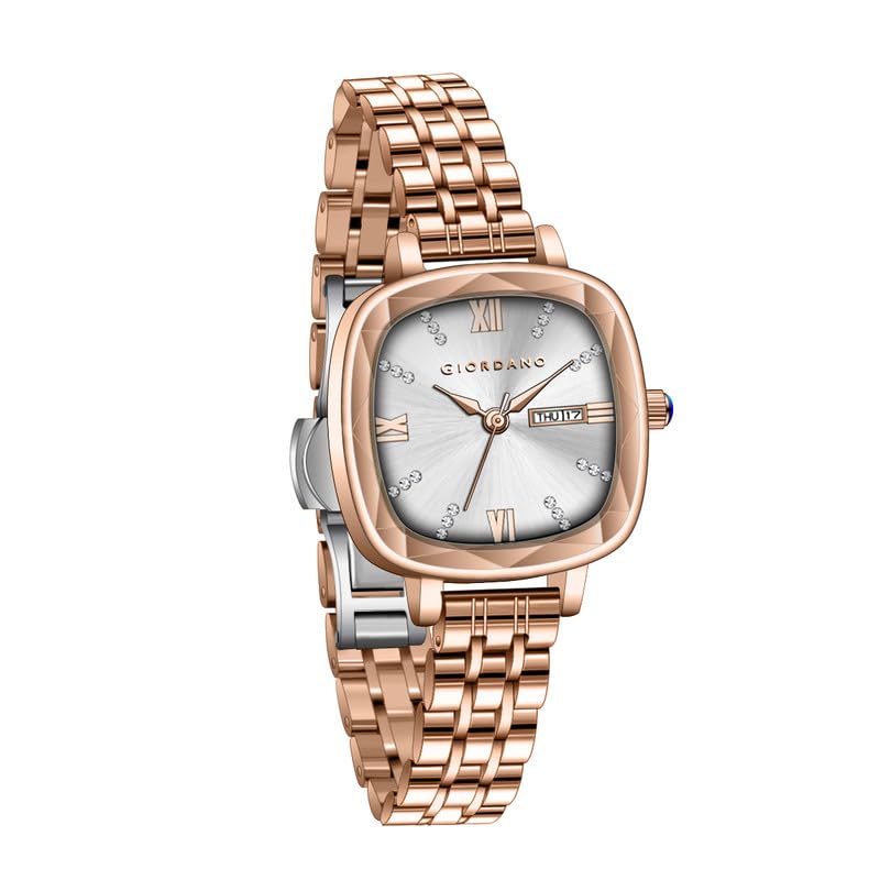 Giordano Elegant Square Watch for Women – Crystal & Roman Hour Markers, Day-Date Display, Stainless Steel Strap - Image 1