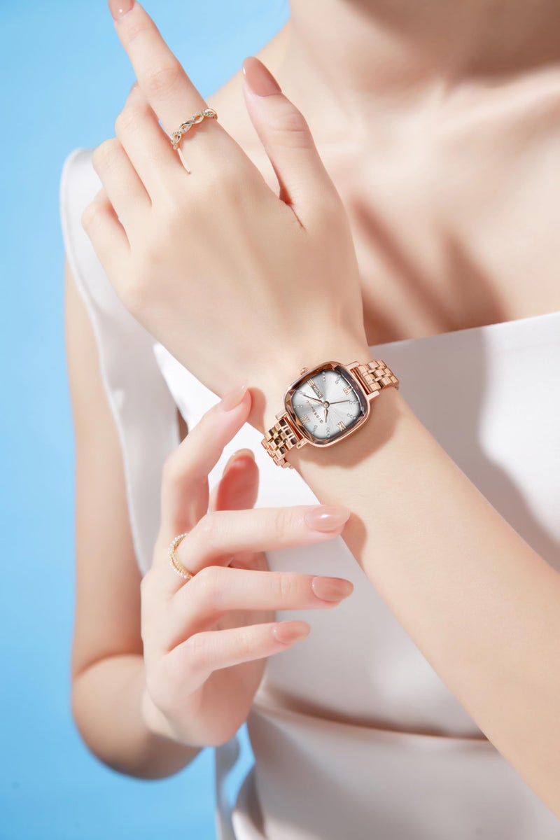 Giordano Elegant Square Watch for Women – Crystal & Roman Hour Markers, Day-Date Display, Stainless Steel Strap - Image 2