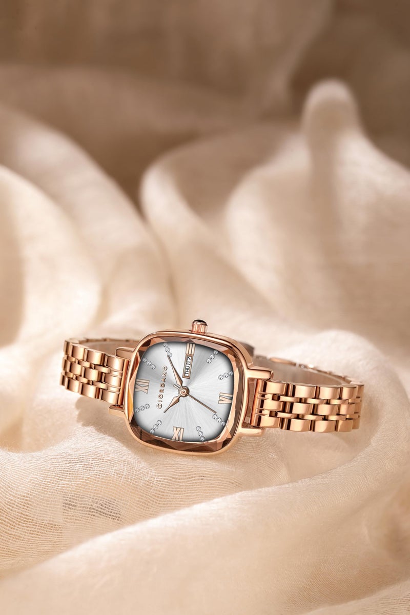 Giordano Elegant Square Watch for Women – Crystal & Roman Hour Markers, Day-Date Display, Stainless Steel Strap - Image 3