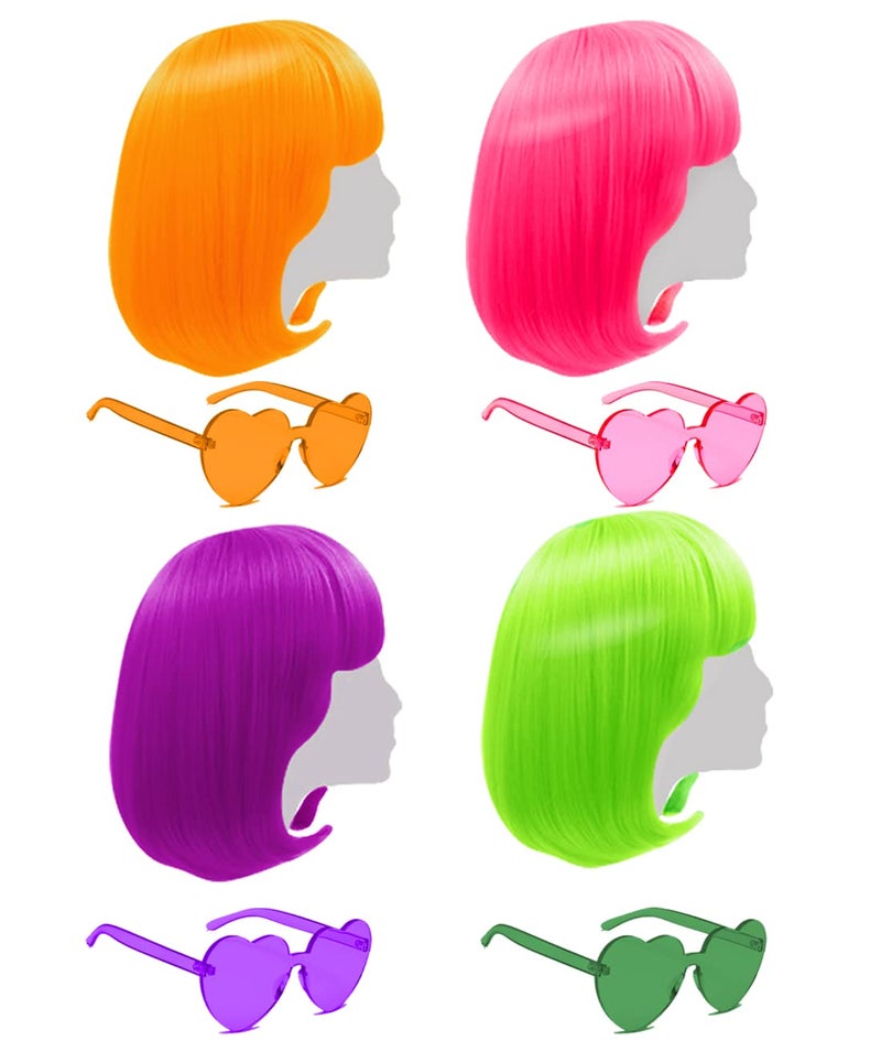 LIULIUBTY Short Bob Wig,4 Pieces Colorful Wigs,Cosplay Wigs 12â€ Straight with Flat Bangs,Neon Colored Wig for Women Girl Party Favors Bachelorette Party Night Club Come with Extra Wig Cap (Sunglasses) - Image 1
