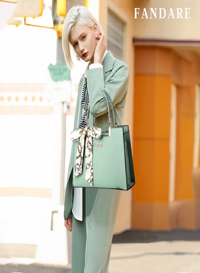 FANDARE Women's Classic Green Tote Handbag with Top Handle, Adjustable Strap, 7 Pockets, 12000cc Capacity, 30cm(L) x 12cm(W) x 22cm(H), Lightweight, PU Leather - Image 2