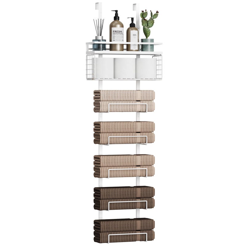 Aetyord Towel Racks for Bathroom Over The Door Towel Racks Towel Storage Organizer with Metal Shelf Basket for Bathroom Rv Camper (7-Tier White) - Image 1