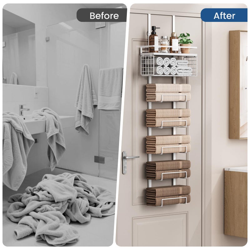 Aetyord Towel Racks for Bathroom Over The Door Towel Racks Towel Storage Organizer with Metal Shelf Basket for Bathroom Rv Camper (7-Tier White) - Image 5