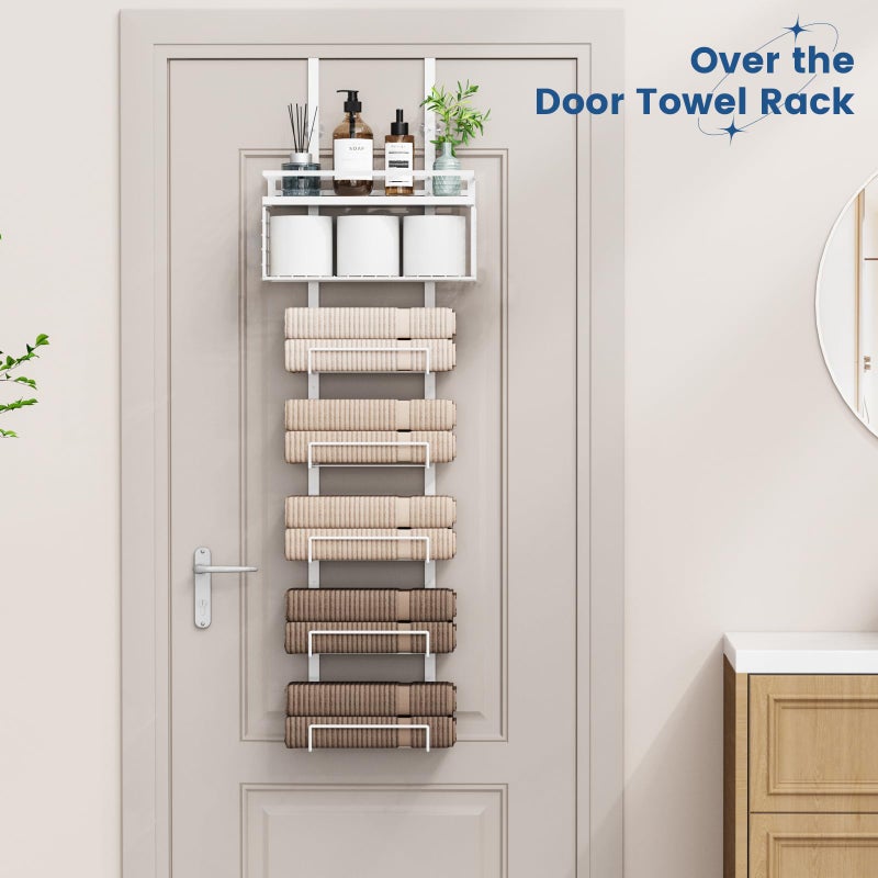 Aetyord Towel Racks for Bathroom Over The Door Towel Racks Towel Storage Organizer with Metal Shelf Basket for Bathroom Rv Camper (7-Tier White) - Image 2