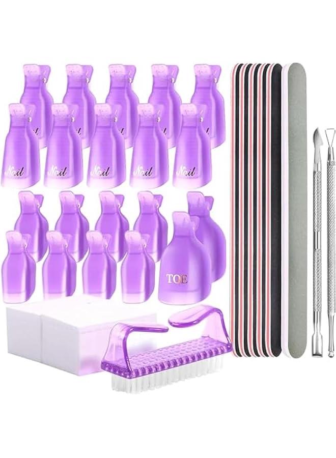 هوكور مجموعة ادوات ازالة جل طلاء الاظافر من تراسل، 20 قطعة من مشابك نقع الاظافر لليدين والاصابع، 100 قطعة وسادة قطنية لازالة الاظافر وفرشاة الاظافر ومبارد الاظافر وشريط تلميع، ومكشطة لدفع الزوائد اللحمية - Image 1