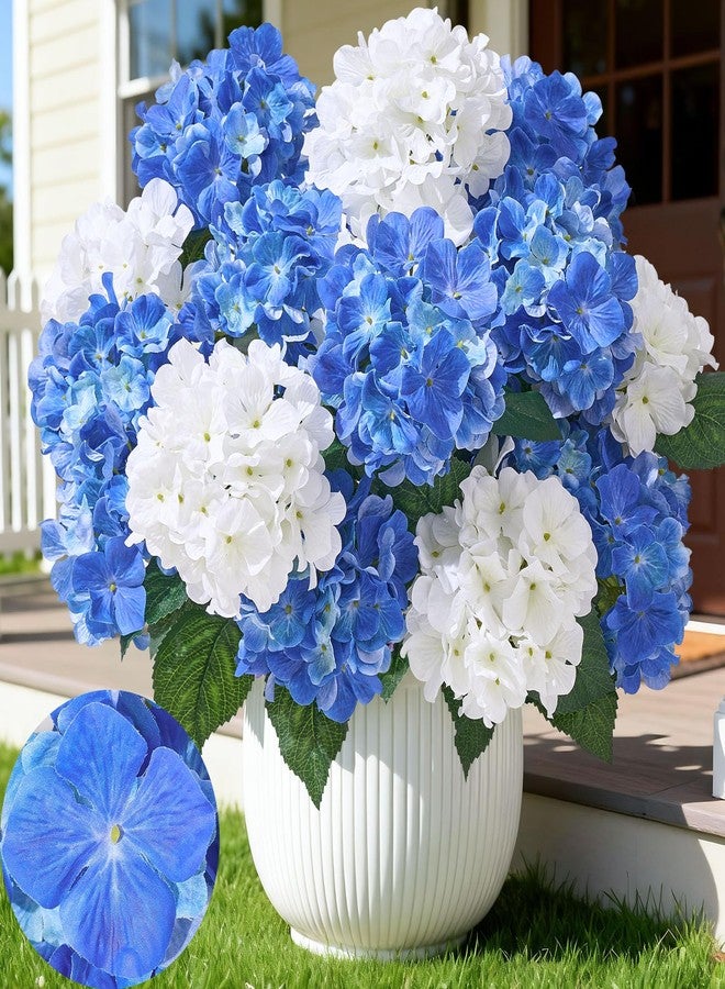 Faylifeway 12 Heads Artificial Flowers for Outdoors, UV Resistant Faux Hydrangea Flowers for Outdoor Planters Front Porch Garden Window Box Patio Decor （White&Blue） - Image 1