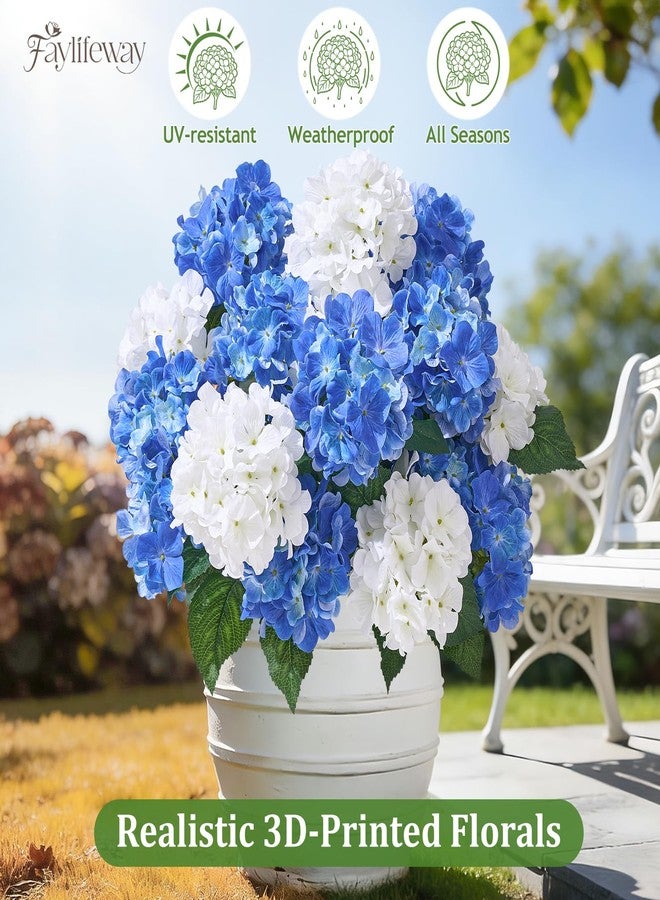 Faylifeway 12 Heads Artificial Flowers for Outdoors, UV Resistant Faux Hydrangea Flowers for Outdoor Planters Front Porch Garden Window Box Patio Decor （White&Blue） - Image 2