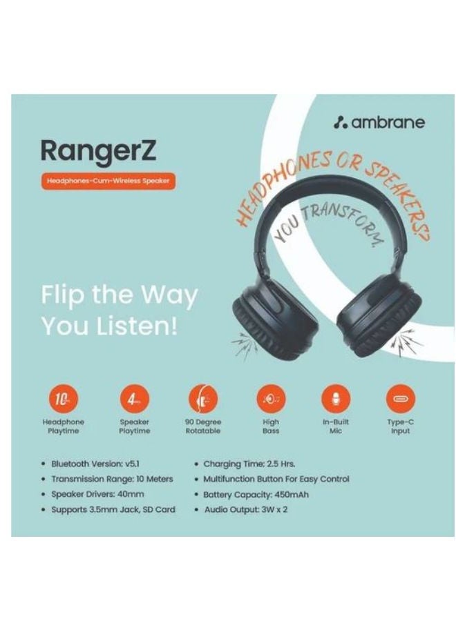 Ambrane Foldable RangerZ Wireless Headphone, Black - Image 2