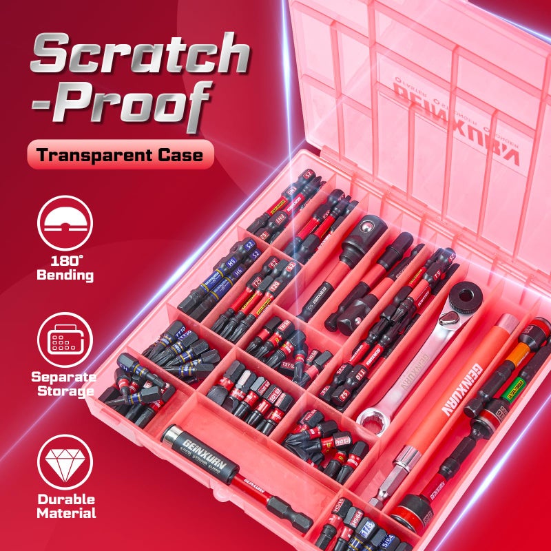 Geinxurn 100Pieces 1â€/2â€ Impact Screwdriver Bits Set, Magnetic S2 Steel (Phillips/Slotted/Square/Torx/Hex/Security Torx) Driver Bits Tips,Impact Bit Holder and Nut Driver with Red Storage Box Case - Image 3