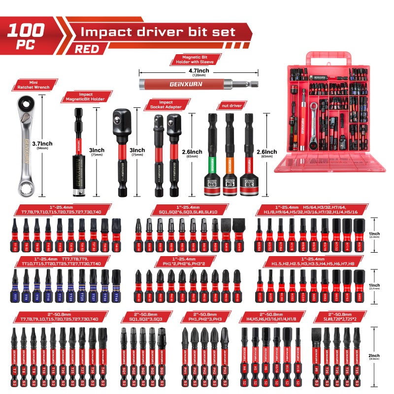 Geinxurn 100Pieces 1â€/2â€ Impact Screwdriver Bits Set, Magnetic S2 Steel (Phillips/Slotted/Square/Torx/Hex/Security Torx) Driver Bits Tips,Impact Bit Holder and Nut Driver with Red Storage Box Case - Image 2