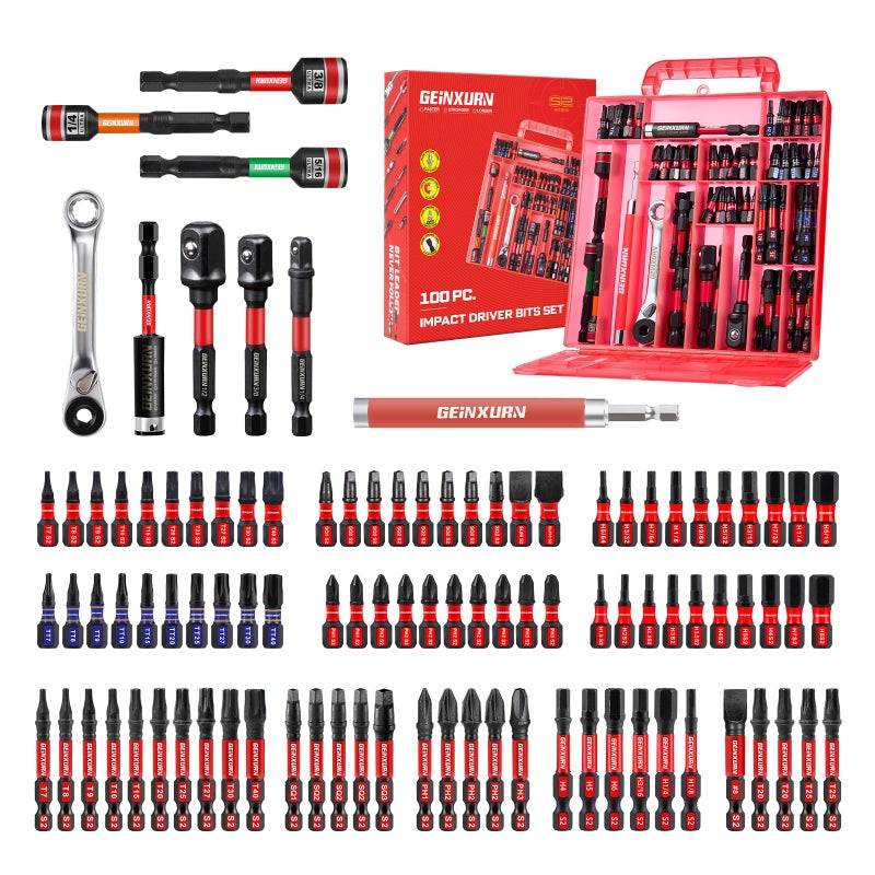 Geinxurn 100Pieces 1â€/2â€ Impact Screwdriver Bits Set, Magnetic S2 Steel (Phillips/Slotted/Square/Torx/Hex/Security Torx) Driver Bits Tips,Impact Bit Holder and Nut Driver with Red Storage Box Case - Image 1