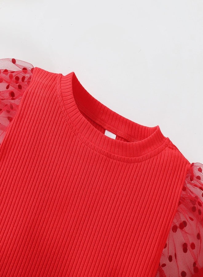 Magic Park 1-6Y Baby Girl Ribbed T-Shirts Toddler Puff Sleeve Blouse Kids Knit Tee Girls Solid Color Casual Tops (Puff Sleeve Red,4-5 Years) - Image 3