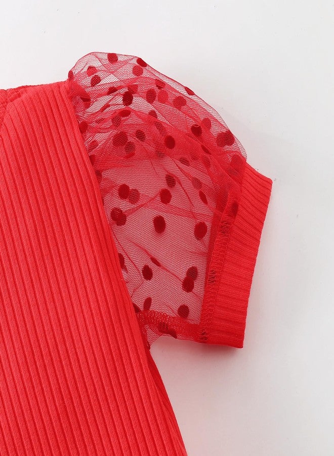 Magic Park 1-6Y Baby Girl Ribbed T-Shirts Toddler Puff Sleeve Blouse Kids Knit Tee Girls Solid Color Casual Tops (Puff Sleeve Red,4-5 Years) - Image 4