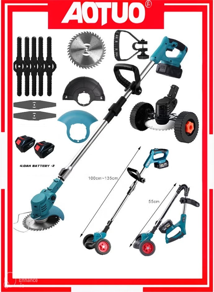 AOTUO جزازة عشب لاسلكية 48 فولت، جزازة عشب قابلة للطي وقابلة للسحب مع شاحن سريع، تعمل ببطاريتين، 3 شفرات قطع، مقص كهربائي محمول لأعمال الحديقة - Image 1
