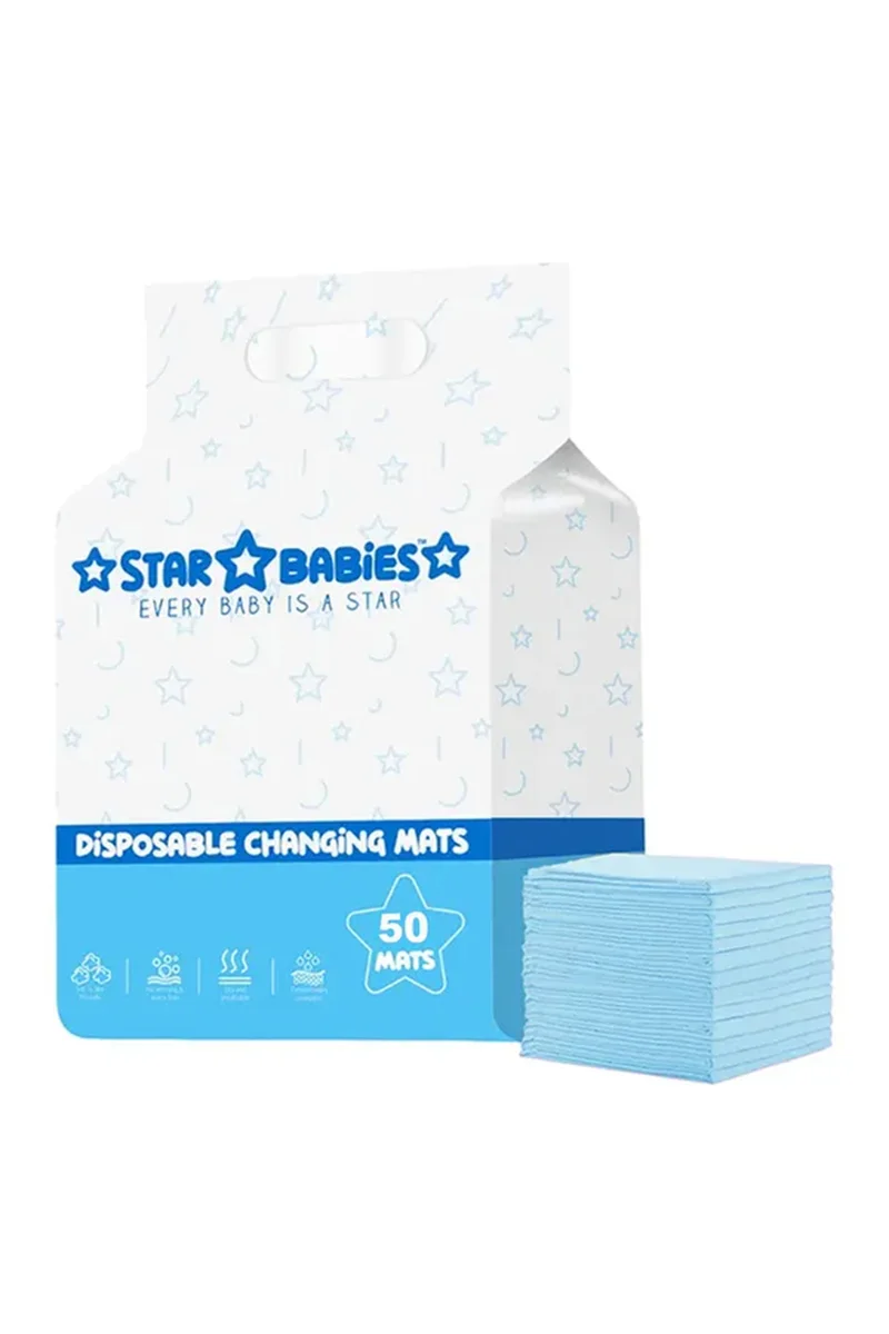 ستار بيبيز Star Babies Disposable Changing Mats,Waterproof Baby Changing Pads, 33x45cm, Highly Absorbent Leakproof Changing Pad Baby, Pack of 50-Blue