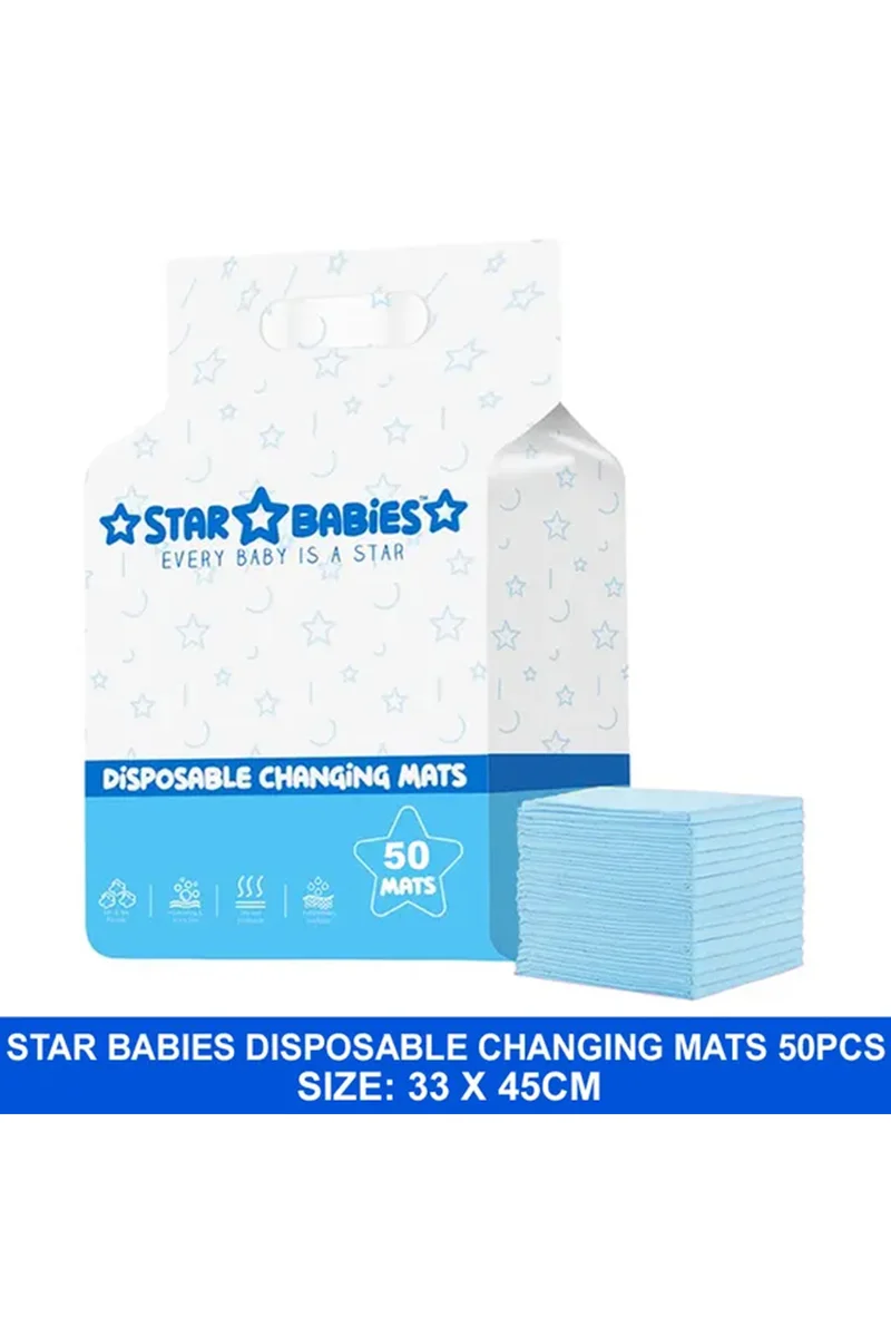 ستار بيبيز Star Babies Disposable Changing Mats,Waterproof Baby Changing Pads, 33x45cm, Highly Absorbent Leakproof Changing Pad Baby, Pack of 50-Blue