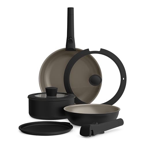 bella 8 Piece Removable Handle Cookware Set Fitsanywhere Kitchenware w EverGood Ceramic Nonstick Coating Dishwasher Oven Safe All Stovetops Compatible Glass Lids with Silicone Rims Black - Image 1