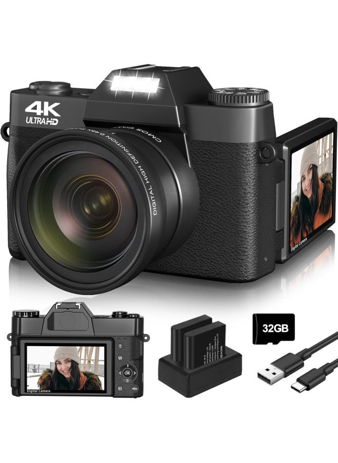 Generic E-commerce Products 4K Digital Camera Ultra HD 48MP 3.0 Flip Screen With Wide Angle 4K Micro Single LED-Body Color:Standard Black English Version + 4k Lens + 32gb Card + Card Reading + Dual Charging + Battery (2 Batteries In Total)  - Image 1