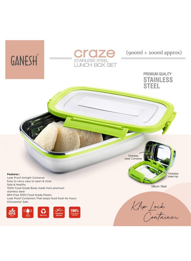 GANESH Craze Stainless Steel Tiffin Lunch Box Container/Dabba with 4 Side Clip Lock Lid for Office & School Use/Food Grade/Air Tight/Easy to Carry/Leak Proof(900ml 1pc + 200ml 1 Pc) Green - Image 2