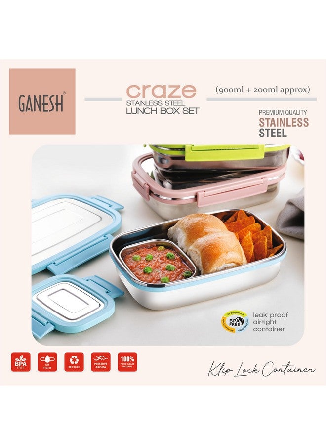 GANESH Craze Stainless Steel Tiffin Lunch Box Container/Dabba with 4 Side Clip Lock Lid for Office & School Use/Food Grade/Air Tight/Easy to Carry/Leak Proof(900ml 1pc + 200ml 1 Pc) Green - Image 4